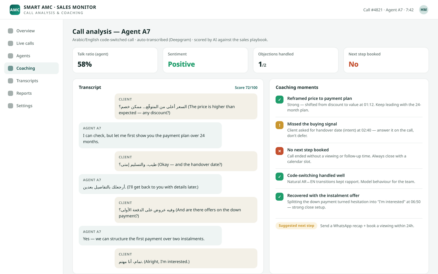 Per-call AI coaching — transcript with what worked, missed buying signals and next-step actions